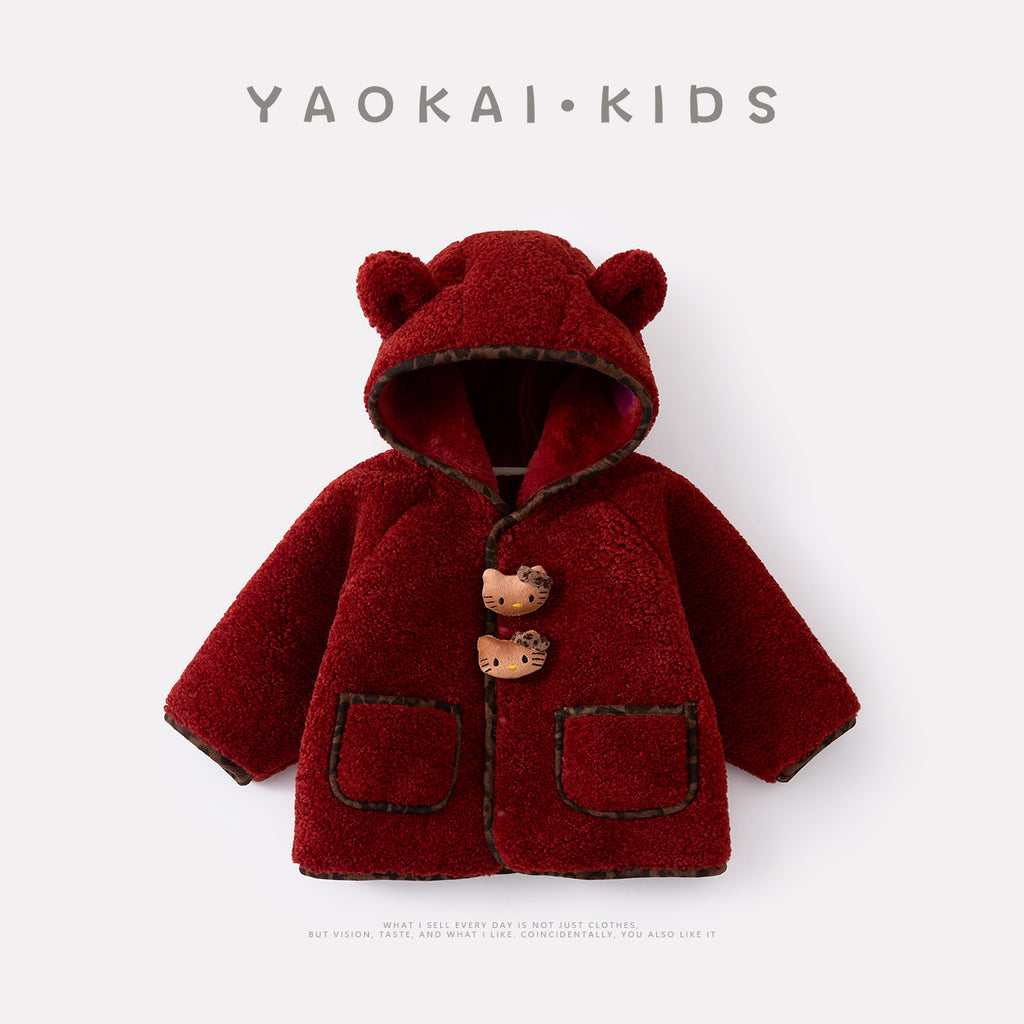 Hooded Coat for Baby Girls, Thick Warm Knit Sweater with Fur Trim