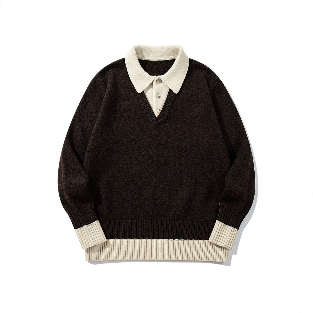 Color-Blocked Mock Two-Piece Knit Sweater with Turn-Down Collar, Unisex Casual Versatile Pullover