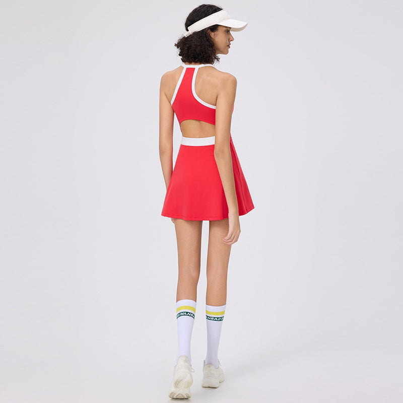 Hot Summer Fitted Shaping Tennis Skirt, Backless Strappy Sports Bodysuit with Built-in Safety Shorts, High-Waisted and Anti-See-Through Design