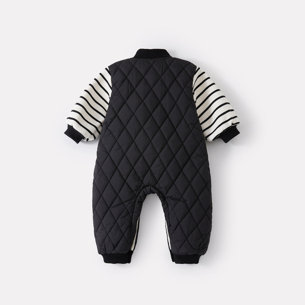 Infant Fleece-Lined Thickened Fake Two-Piece Jumpsuit Cartoon Quilted Bib Long Romper