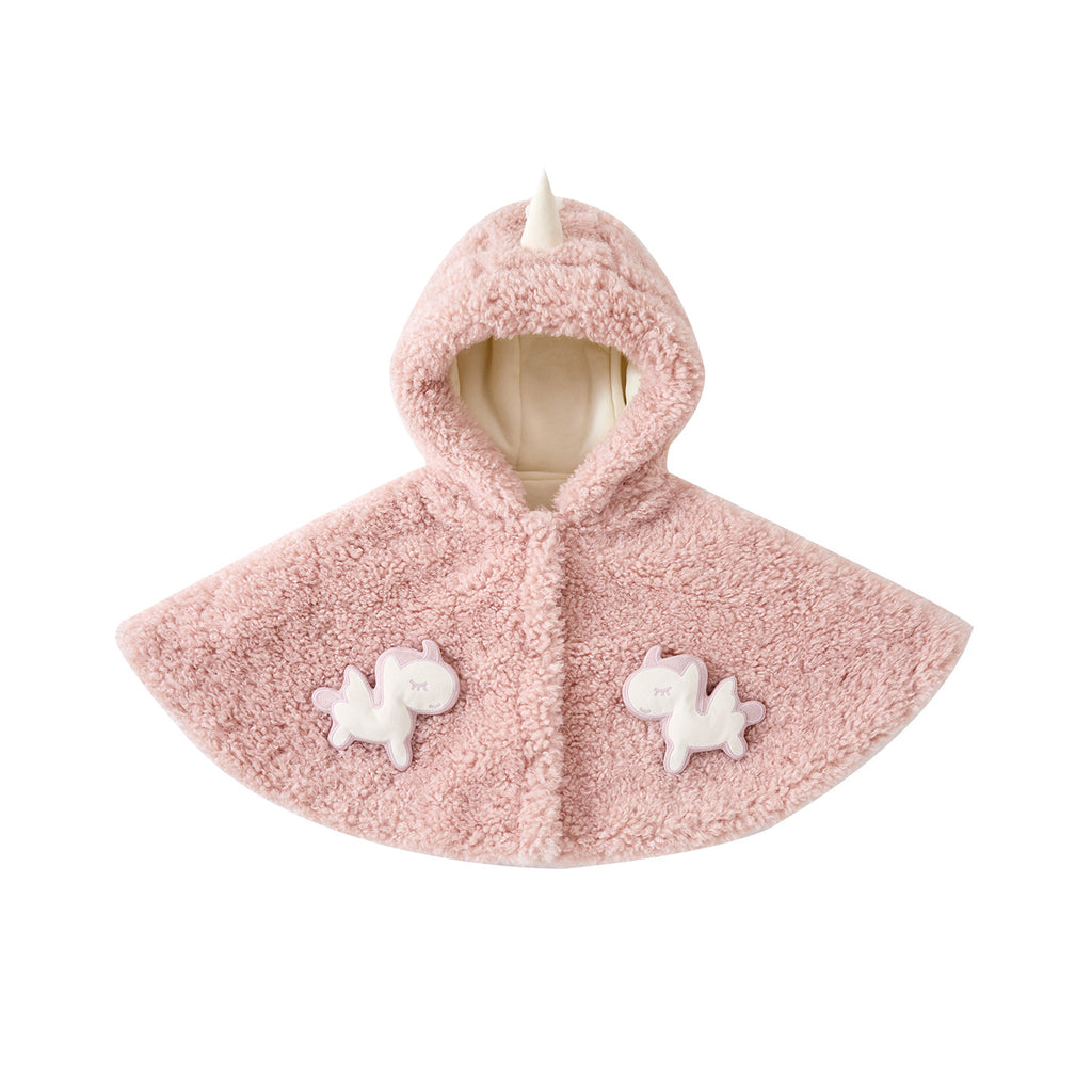 Fleece Lined Thick Furry Cloak for Baby Girls, Versatile Warm Hooded Cartoon Poncho