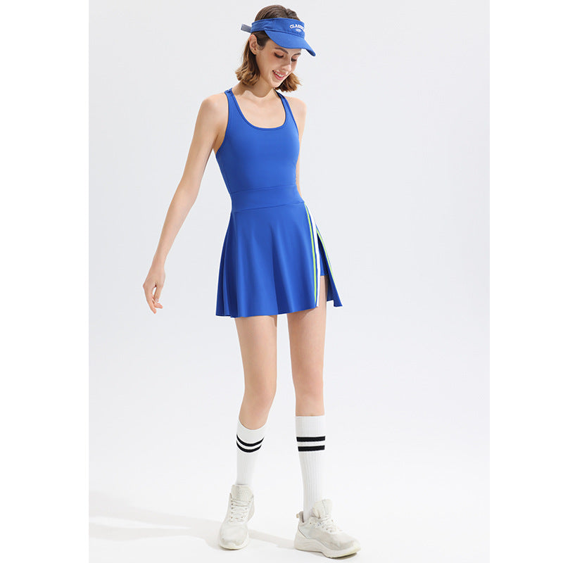 New Vintage American Tennis Badminton Sports Jumpsuit with Padded Bra, Sleeveless Outdoor Activewear Skirt with Built-in Underlayer