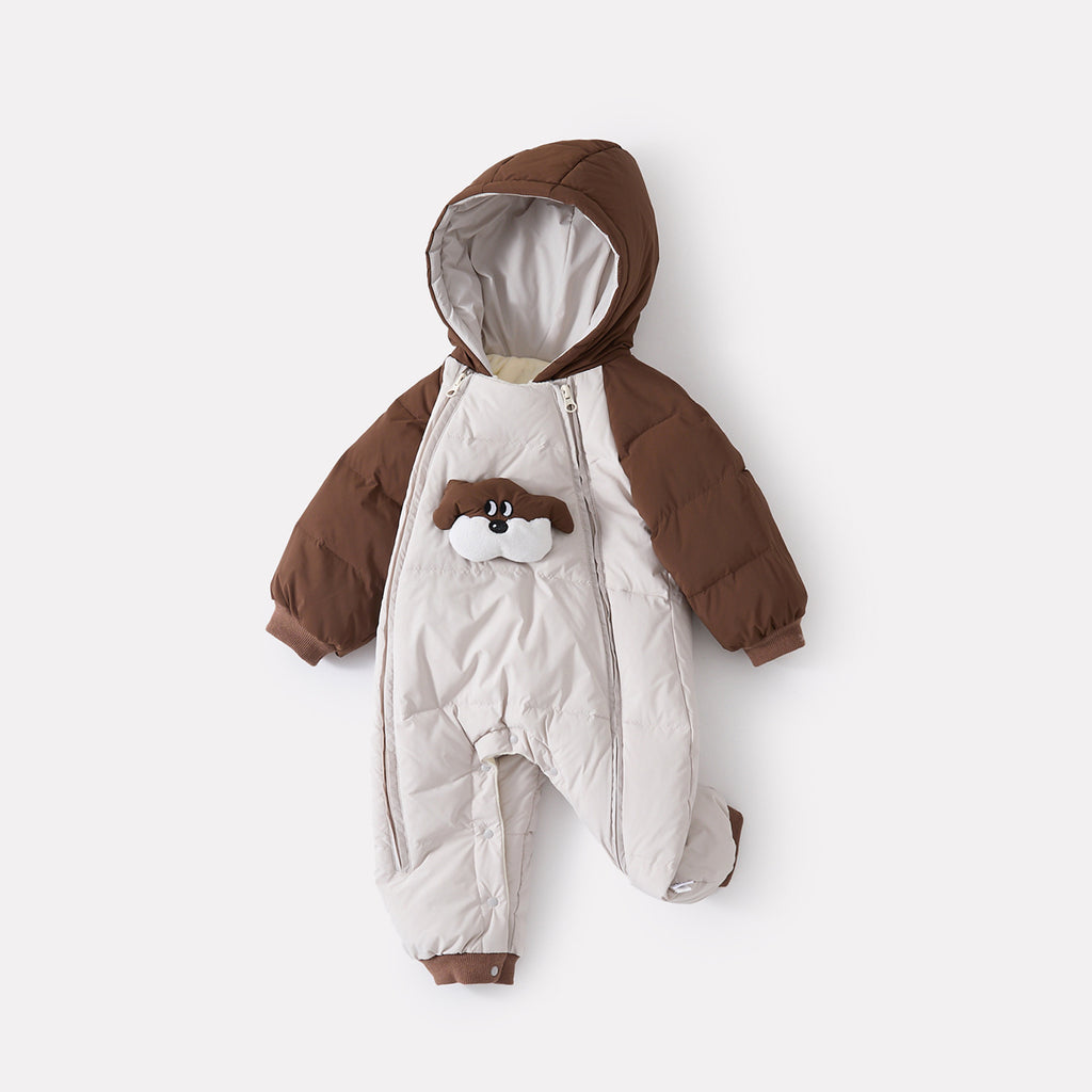 Lined Hooded Overall for Babies, Color-block Cartoon Warm Long Romper for Infants