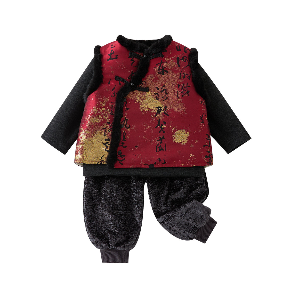 Embroidery Sleeveless Fleece Lined  Thickened  Set Baby Boy  National Style  Three-Piece Set