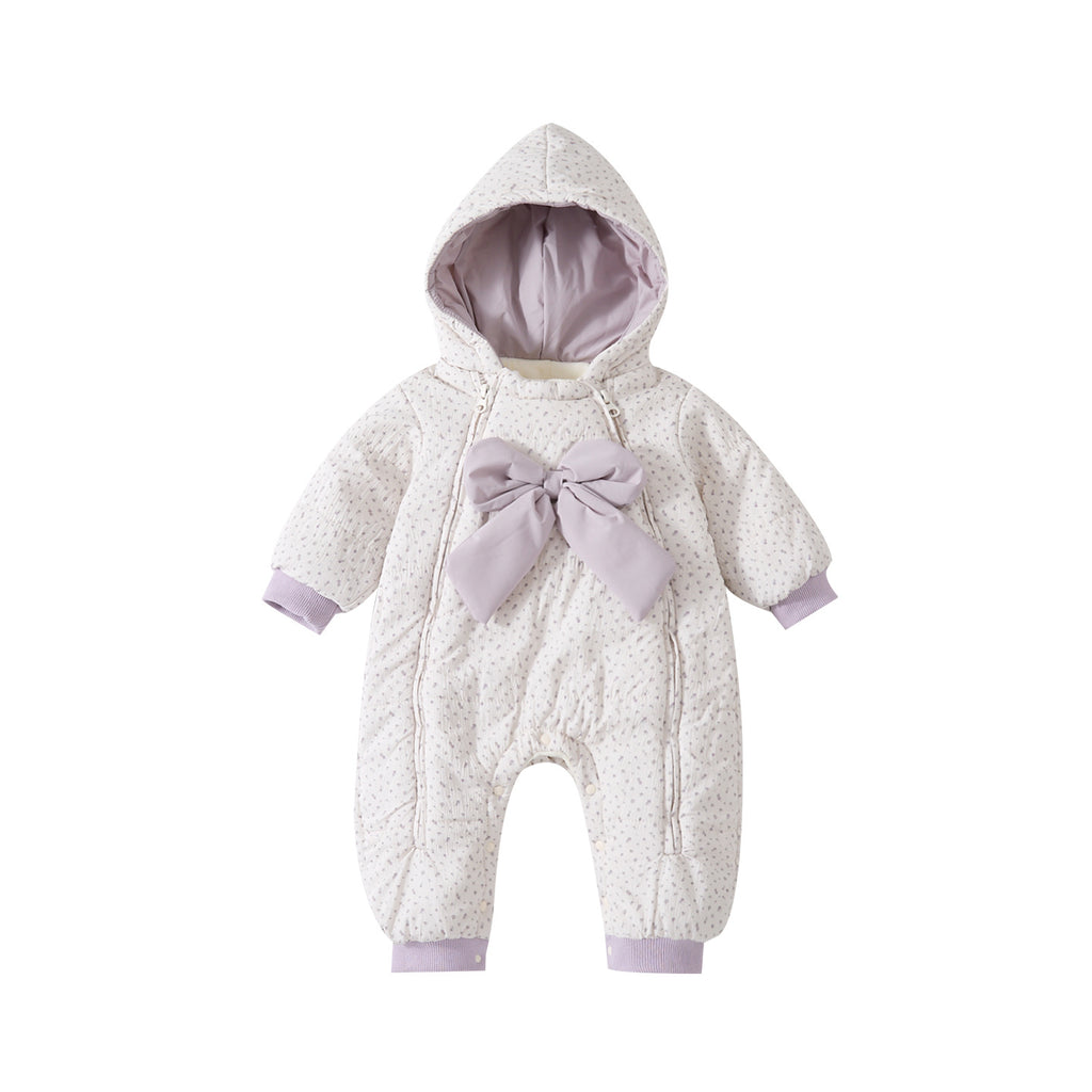 Padded Romper with Bowknot, Floral Print, Thickened Fleece Lined Full Zip Closure