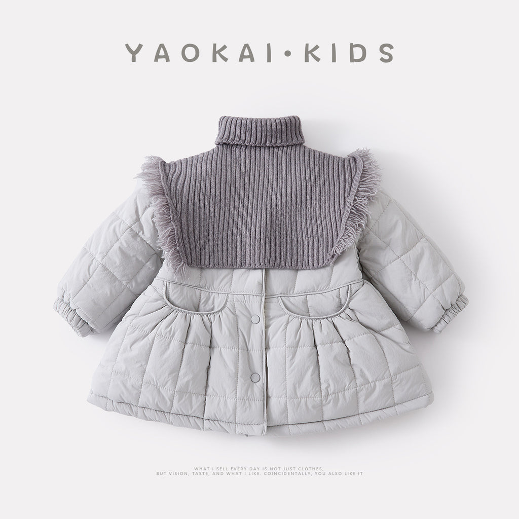 Long Cotton Coat with Removable Shoulder Shawl for Baby Girls, Quilted Fleece Lined, Warm Outerwear
