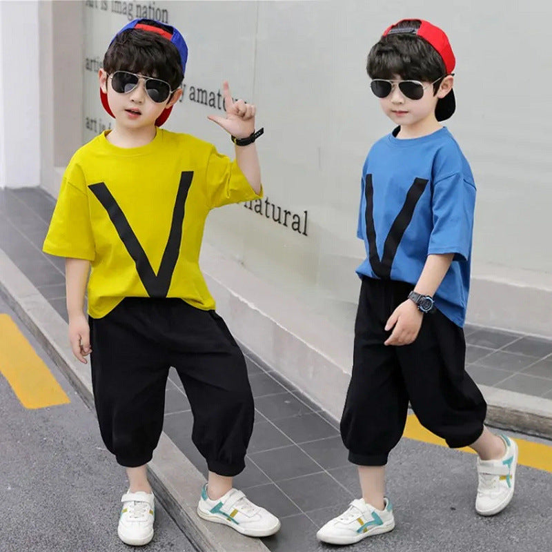 Children's Short Sleeve Set, Cool Boys' Casual T-Shirt, Medium to Large Kids' Sporty Two-Piece