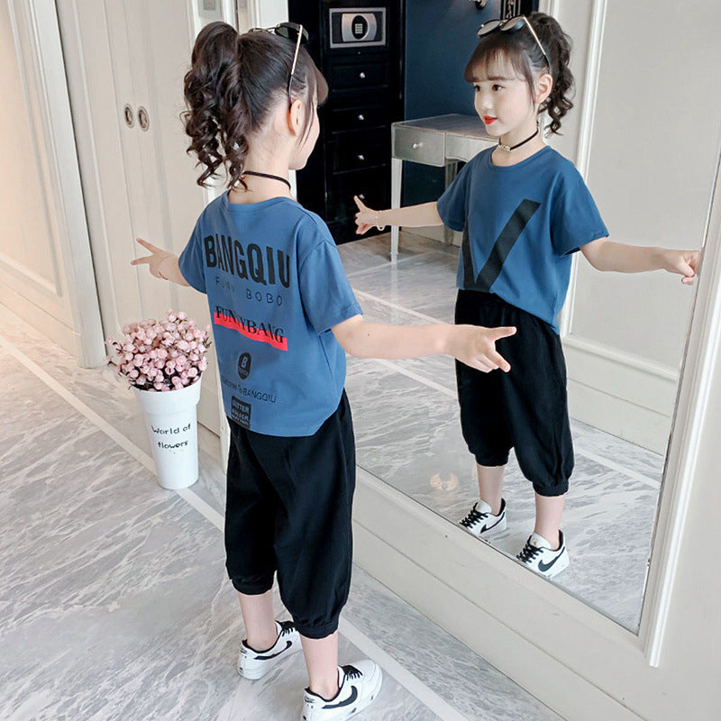 girls' short-sleeve set, casual T-shirt, children's sport two-piece set, medium to large size