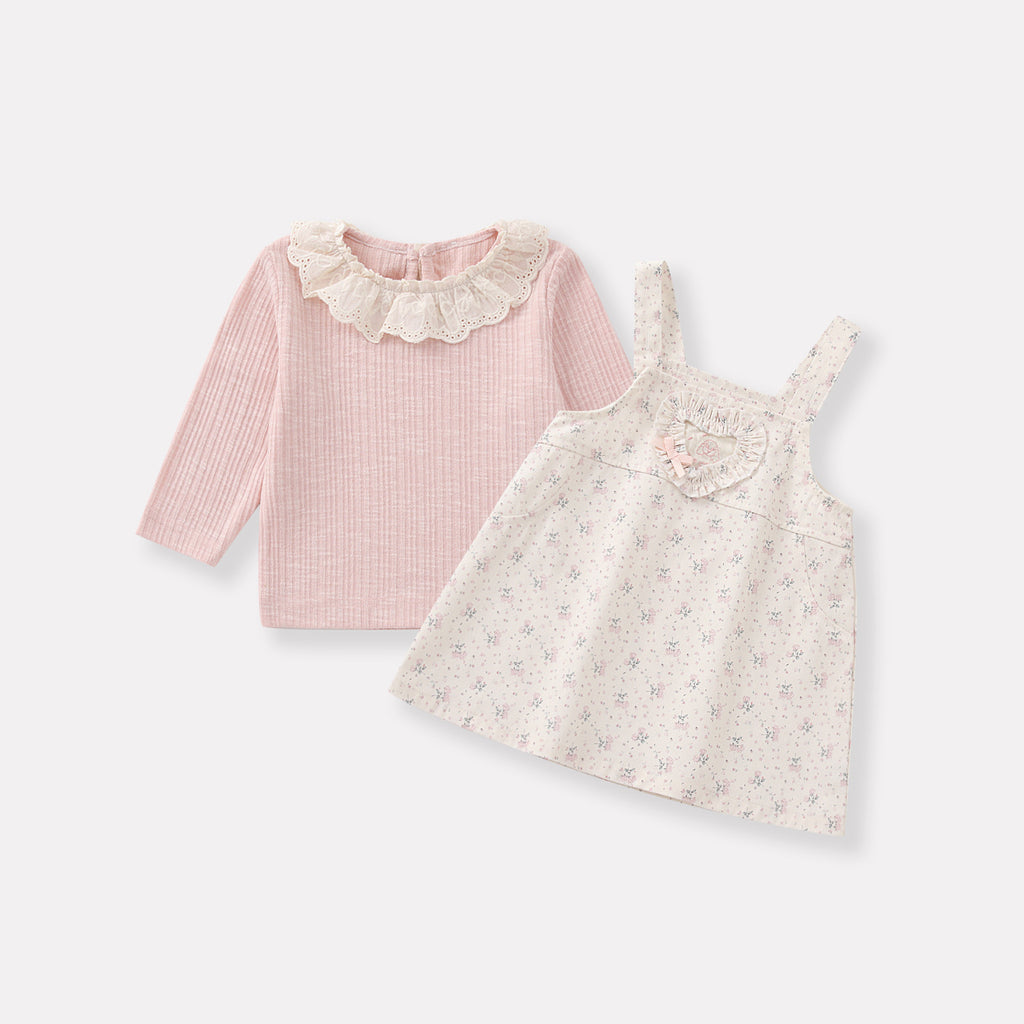 Print Overalls Dress Set for Baby Girls Two-Piece Outfit with Dress and Bodysuit