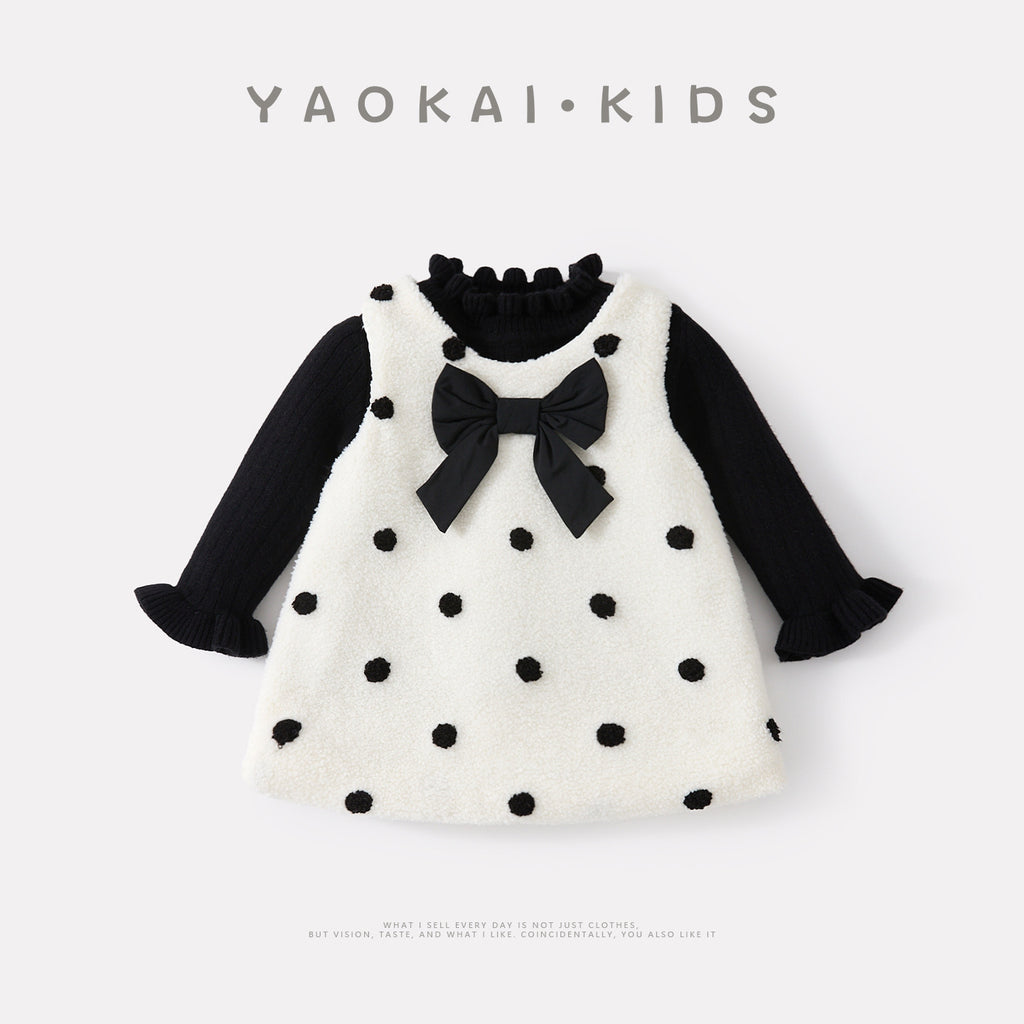 Fleece Lined Thickened Vest Dress Set with Fluffy Skirt and Bottoms Two-Piece Outfit
