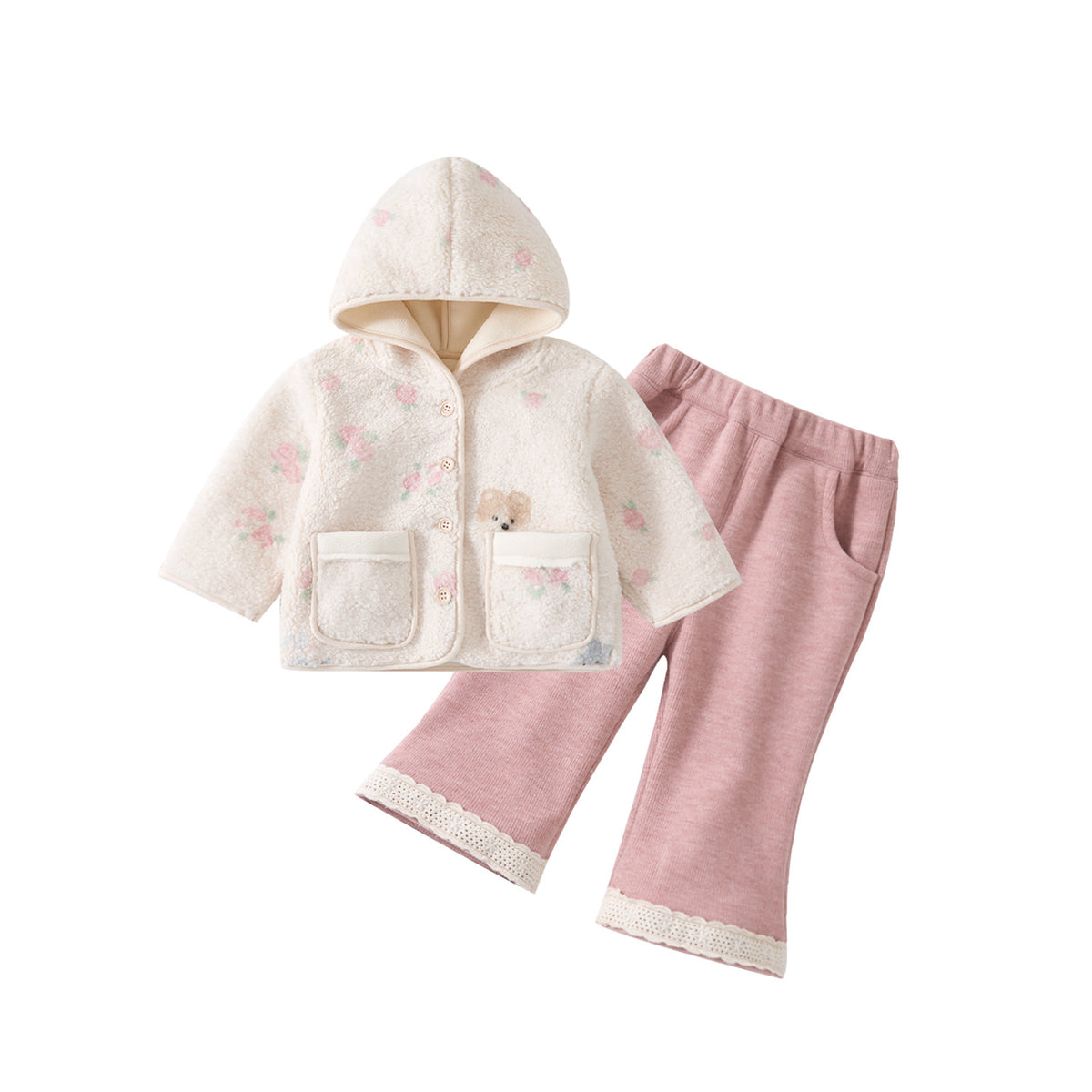 Cute Baby Thermal Hooded Cardigan and Pants Set, Thickened One-Piece Warm Outwear for Girls