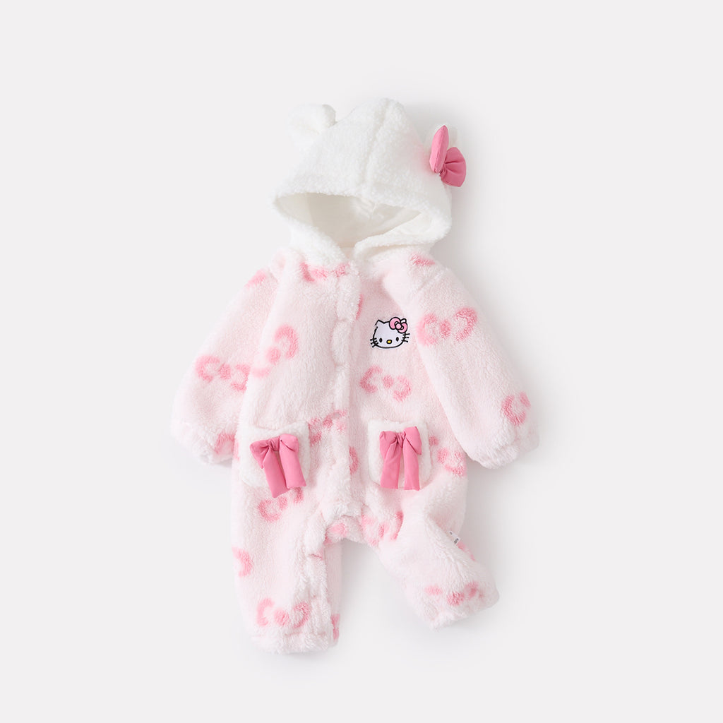 Printed Hooded Fleece Bodysuit for Baby Girls, Butterfly Print Warm Onesie