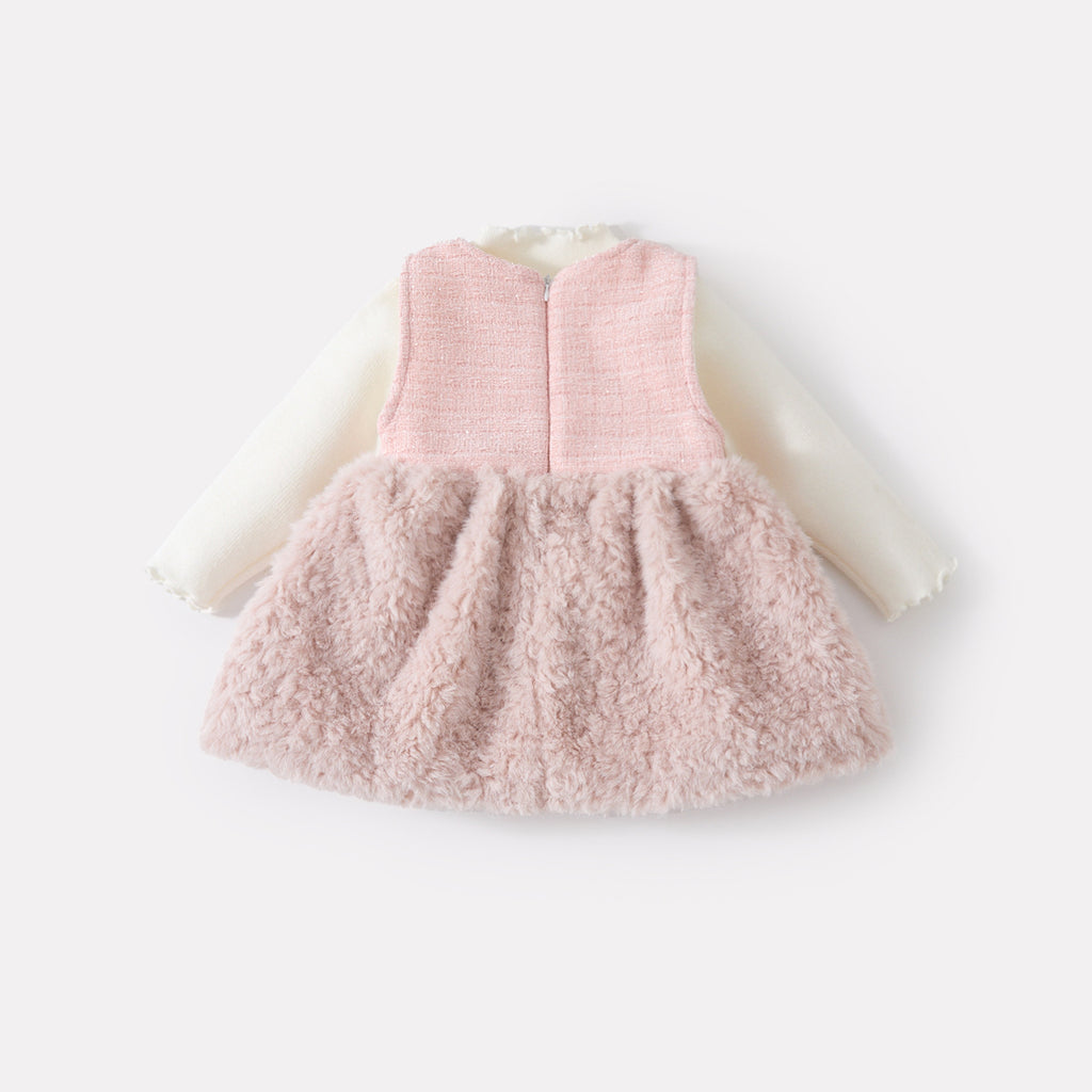 Cute Fuzzy Dress Set for Baby Girls, Warm Knit Sweater and Skirt Two-Piece Outfit