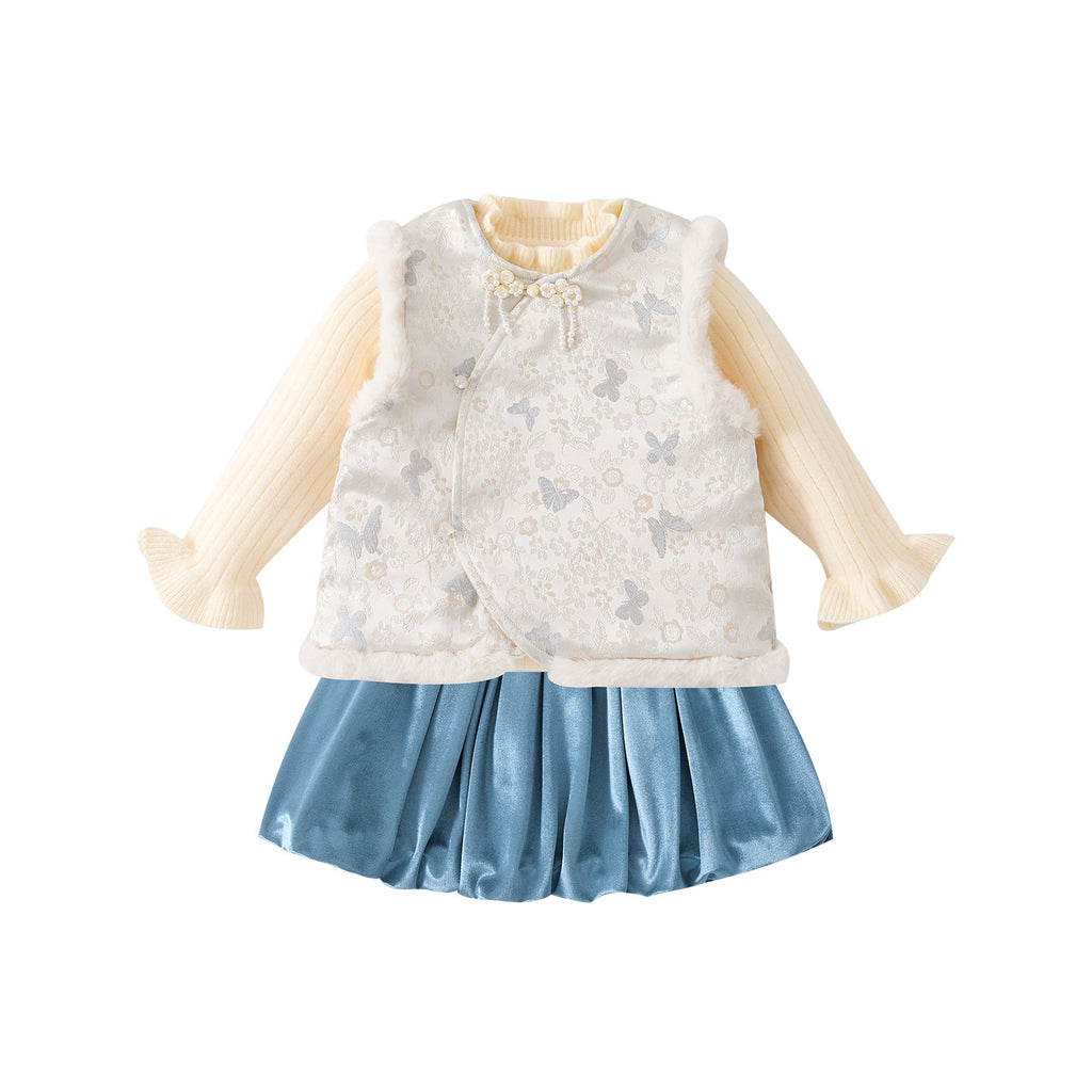 Fleece-Lined Thickened Vest Set for Baby Girls, Three-Piece Separated Traditional Chinese Outfit