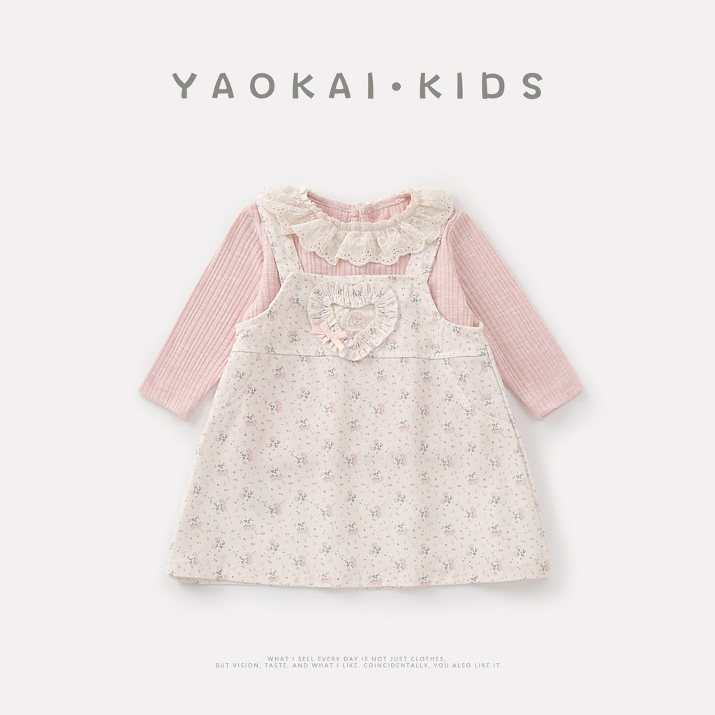 Print Overalls Dress Set for Baby Girls Two-Piece Outfit with Dress and Bodysuit