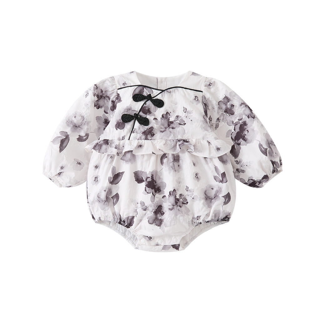 Romper for Baby Girls Elegant Full-Print National Style with Button Closure One-Piece Outfit