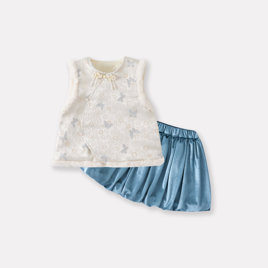 Fleece-Lined Thickened Vest Set for Baby Girls, Three-Piece Separated Traditional Chinese Outfit