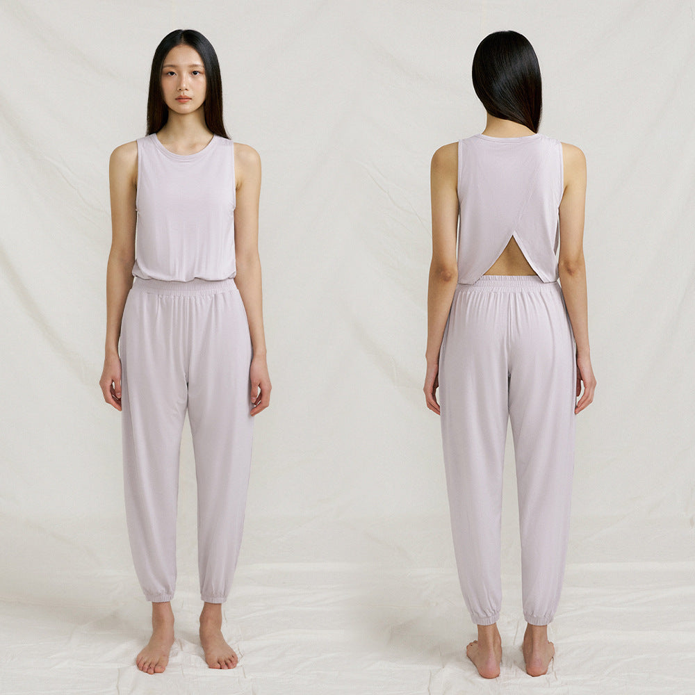 Cotton Moisture-Wicking Yoga Jumpsuit with Back Split, Tank Top and Long Pants, Relaxed Fit One-Piece Activewear Set