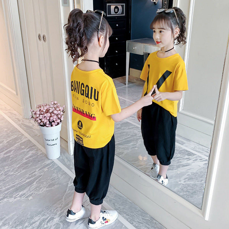 girls' short-sleeve set, casual T-shirt, children's sport two-piece set, medium to large size