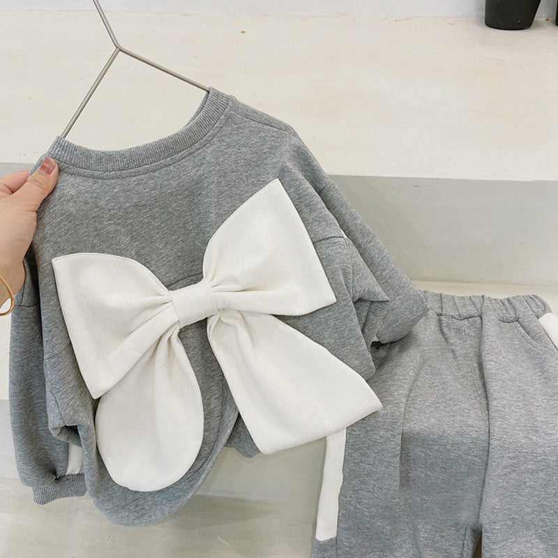 Spring and Autumn Sweet Splicing Butterfly Knot Two Piece Clothes Set