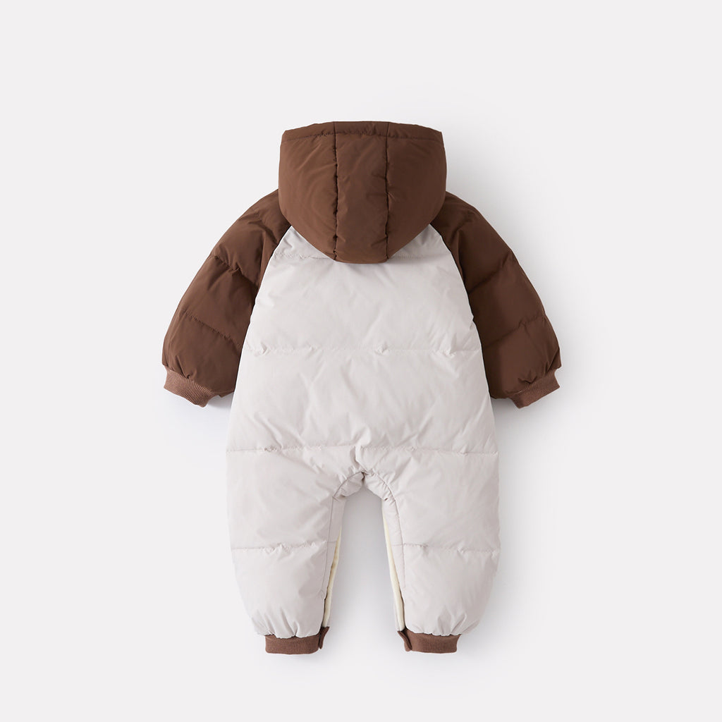Lined Hooded Overall for Babies, Color-block Cartoon Warm Long Romper for Infants