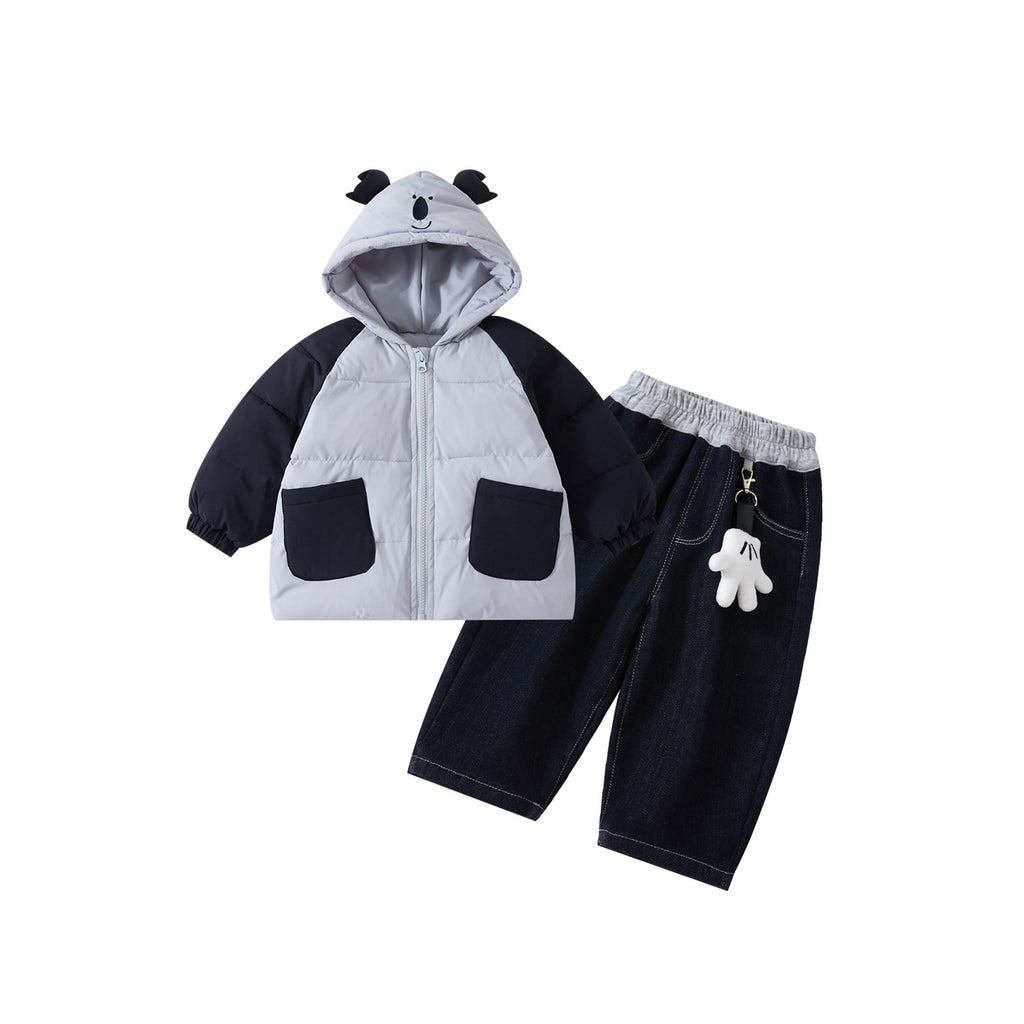 Baby Hooded Cotton Suit Set, Baby Patchwork Cotton Coat with Fleece Lined Thick Pants Two-Piece Set