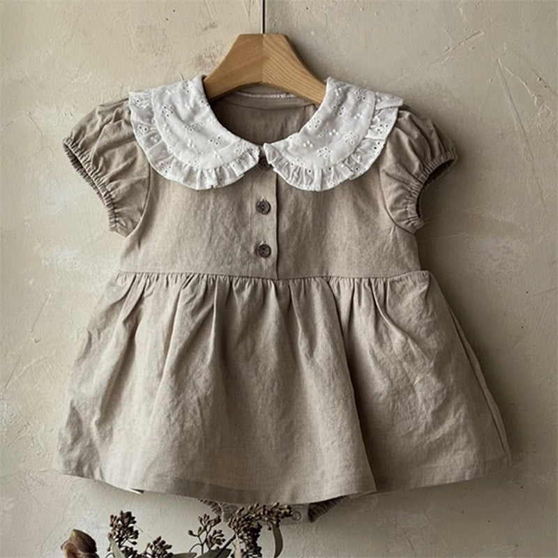 Cute and sweet color blocked collar with bubble sleeves wrapped in fart pants skirt