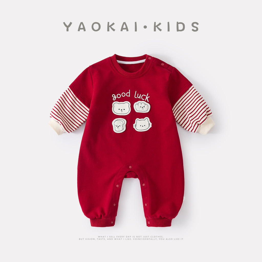 Cartoon Faux Two-Piece Romper, Cute Printed Patchwork Long Sleeve Bodysuit for Infants