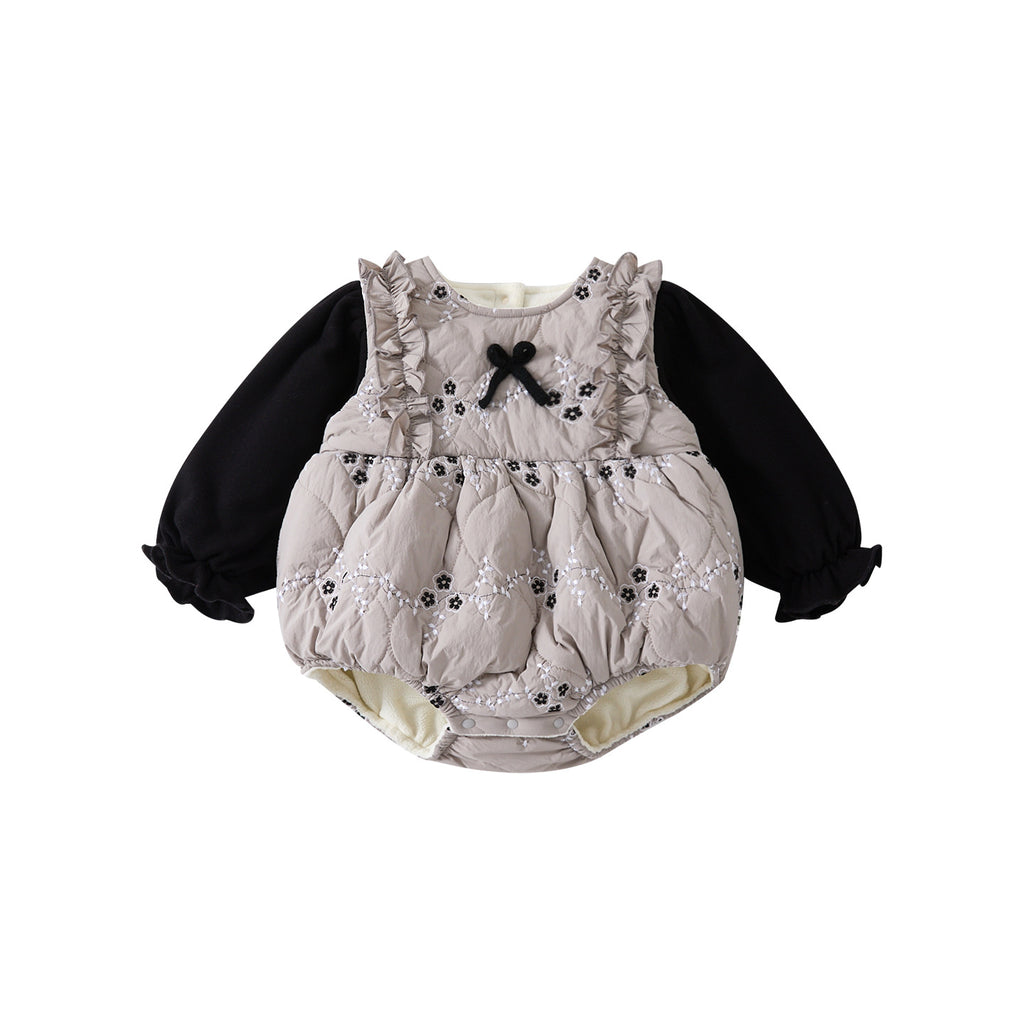 Flower Pseudo-Two-Piece Romper for Girls, Fleece-Lined Thick Warm Bodysuit