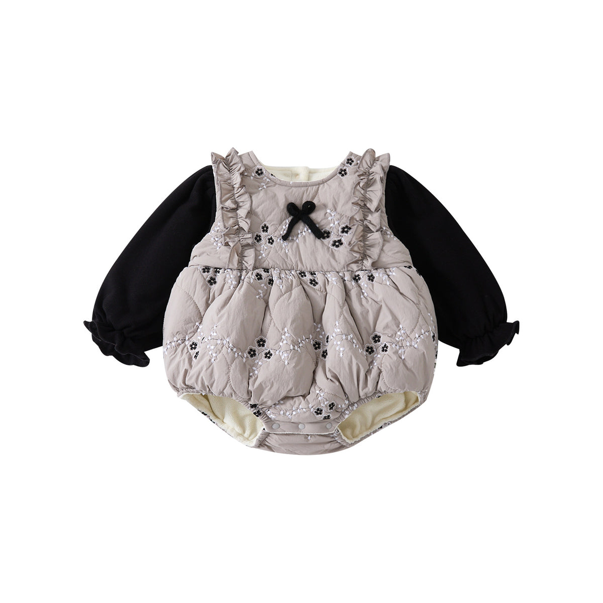 Flower Pseudo-Two-Piece Romper for Girls, Fleece-Lined Thick Warm Bodysuit