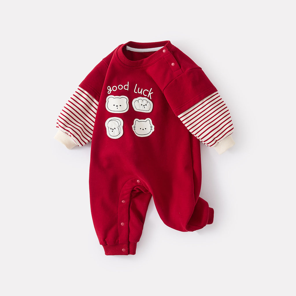 Cartoon Faux Two-Piece Romper, Cute Printed Patchwork Long Sleeve Bodysuit for Infants