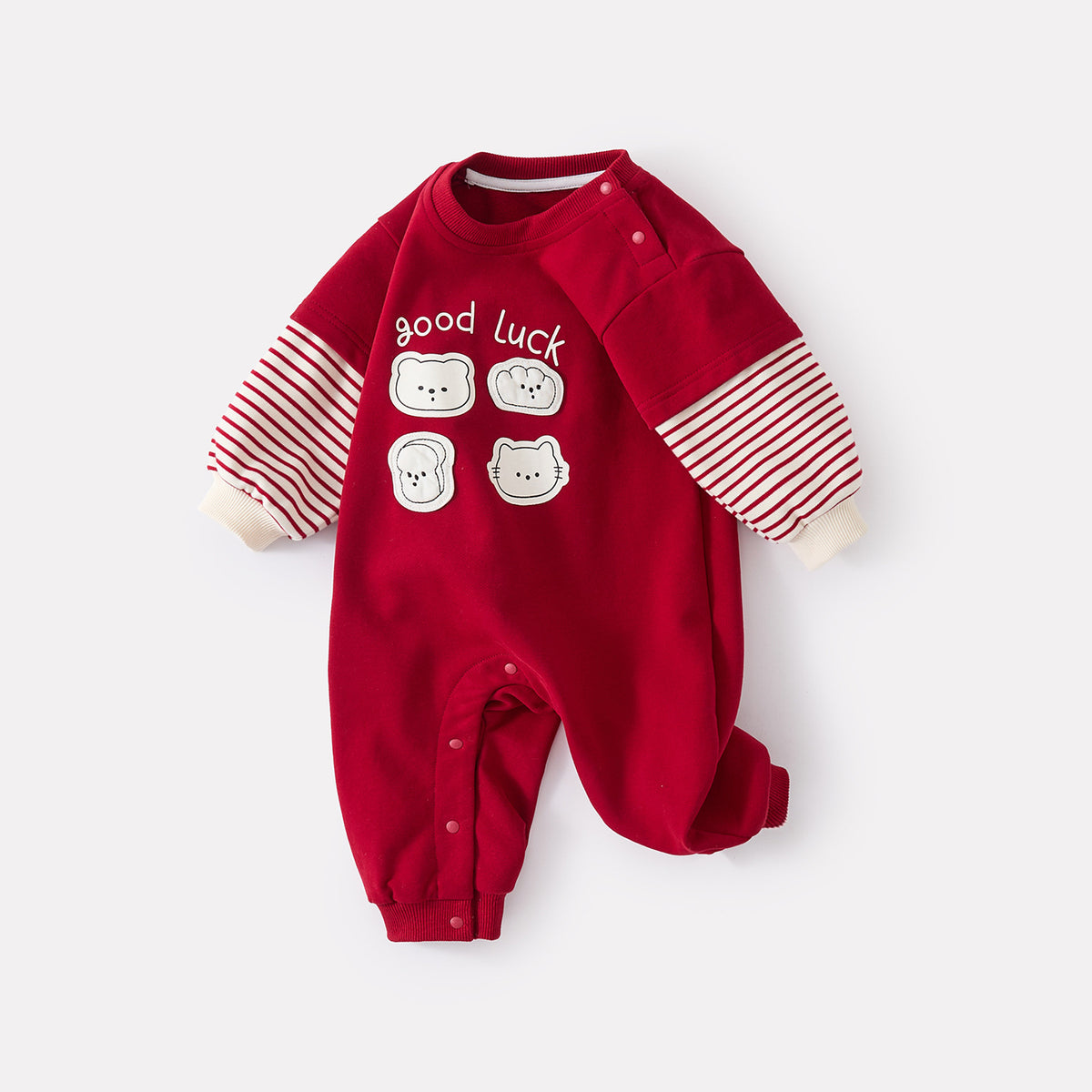 Cartoon Faux Two-Piece Romper, Cute Printed Patchwork Long Sleeve Bodysuit for Infants