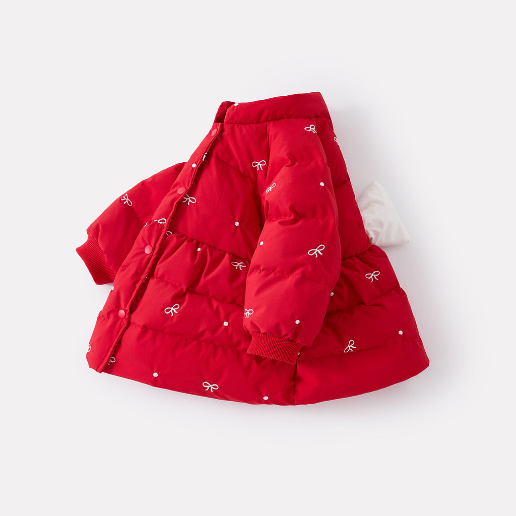 White Duck Down Bow Down Jacket for Girls, Mid-Length Stylish Embroidered Coat