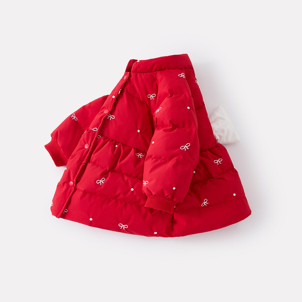 White Duck Down Bow Down Jacket for Girls, Mid-Length Stylish Embroidered Coat