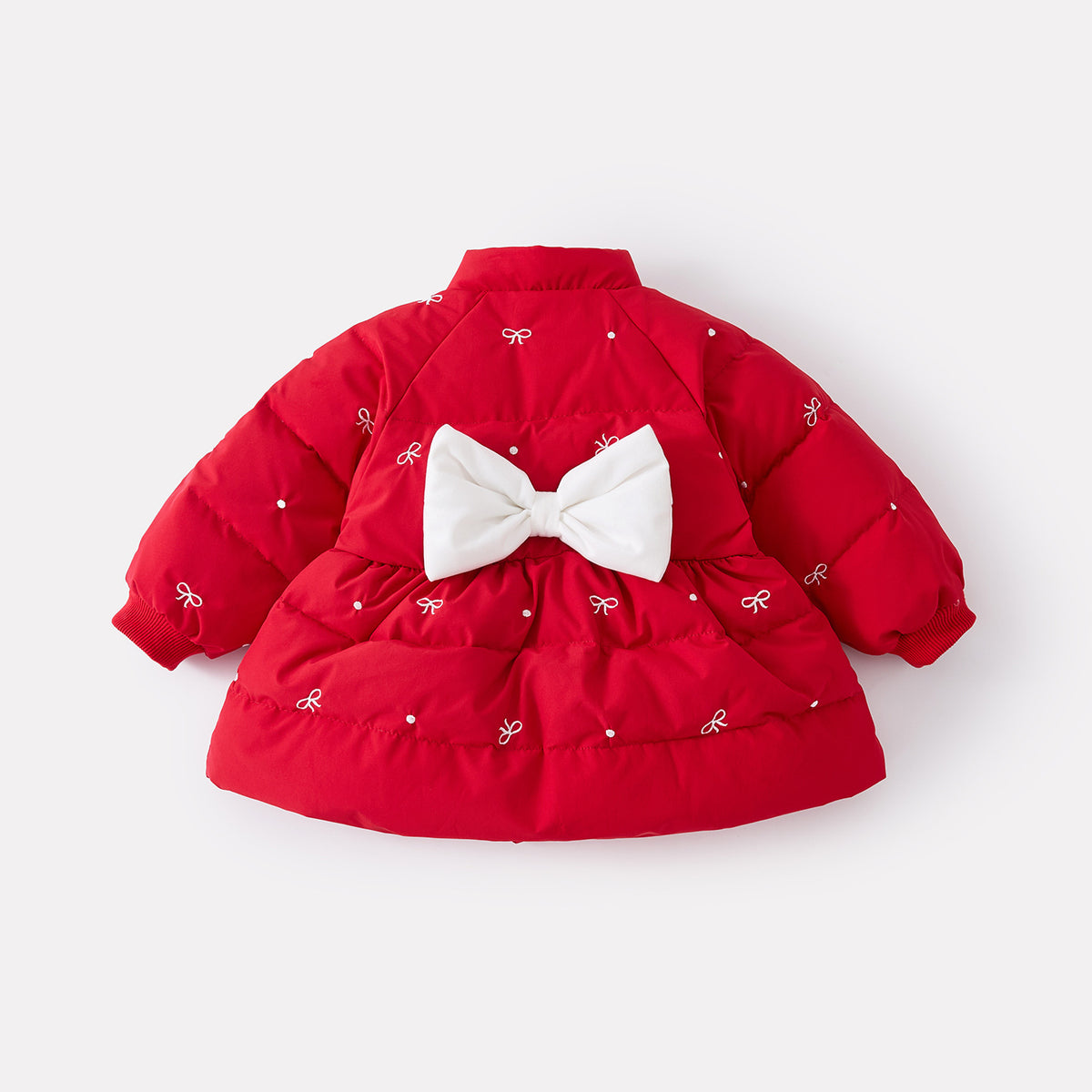 White Duck Down Bow Down Jacket for Girls, Mid-Length Stylish Embroidered Coat