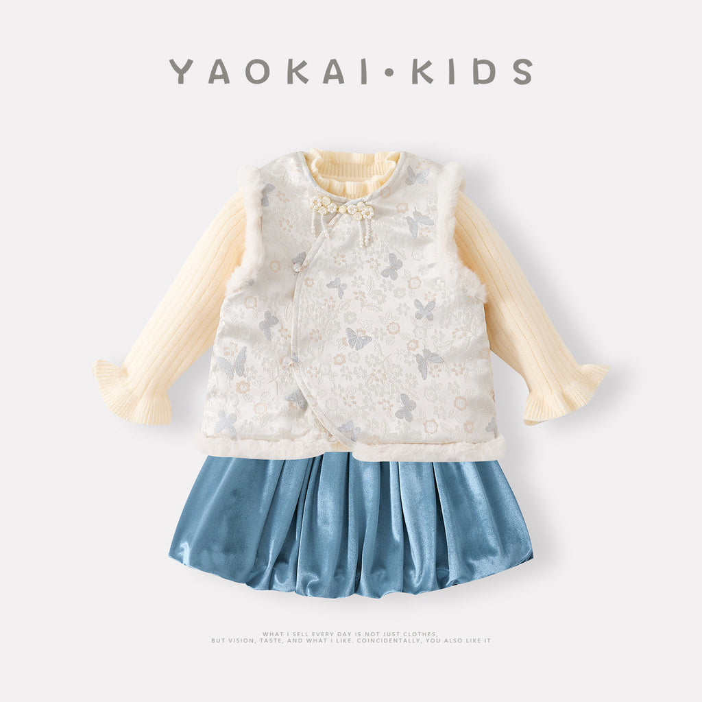 Fleece-Lined Thickened Vest Set for Baby Girls, Three-Piece Separated Traditional Chinese Outfit
