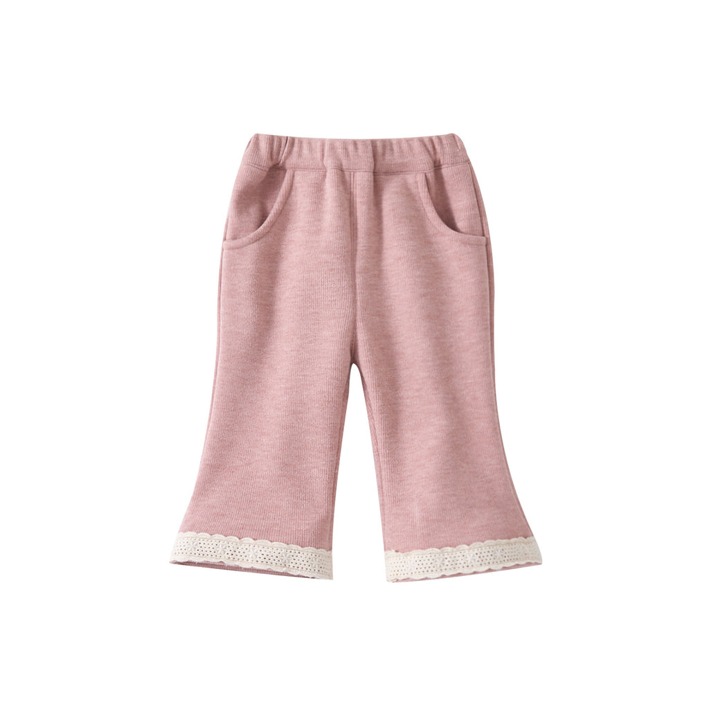 Flared Pants with Lace Trim, Fleece-Lined Thickened Solid Color Patchwork