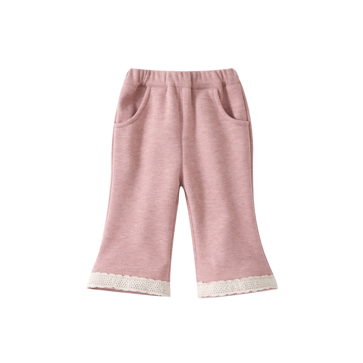 Flared Pants with Lace Trim, Fleece-Lined Thickened Solid Color Patchwork