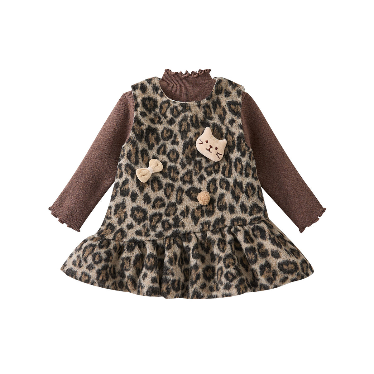 Leopard Print Dress Set for Baby Girls, Warm Sweater and Dress Two-Piece Outfit