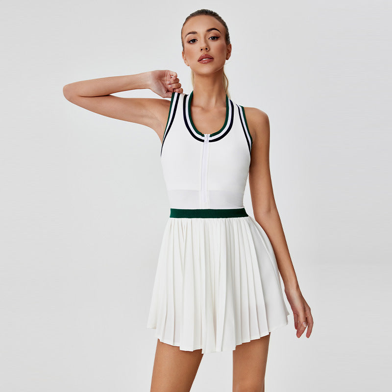 Summer Tennis Dress for Women, Color-blocked Edge Zipper Sleeveless Bodycon Anti-See-through Pleated Sport Dress Fitness Wear