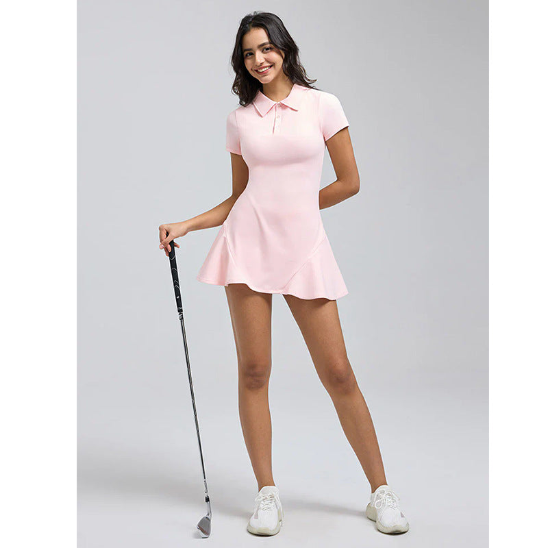 College Style Youthful Polo Short Sleeve Tennis Sport Dress with Waistband Leggings Outdoor Sport Skirt Slimming