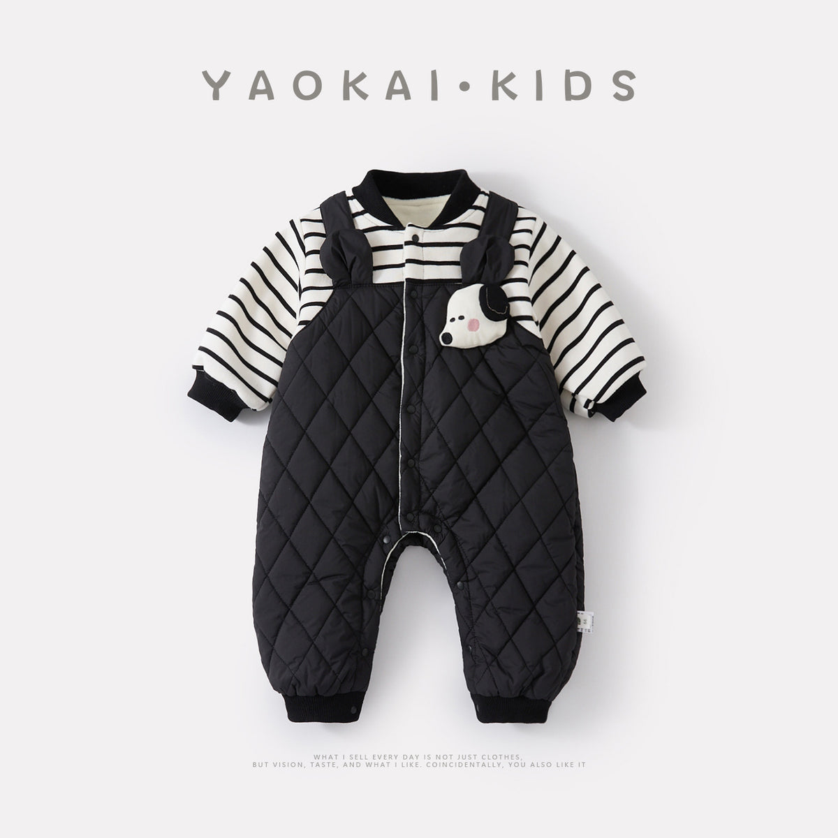 Infant Fleece-Lined Thickened Fake Two-Piece Jumpsuit Cartoon Quilted Bib Long Romper