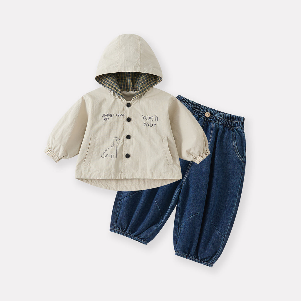 Color-block Hooded Outfit Set for Boys, Two-piece Suit with Cardigan and Jeans