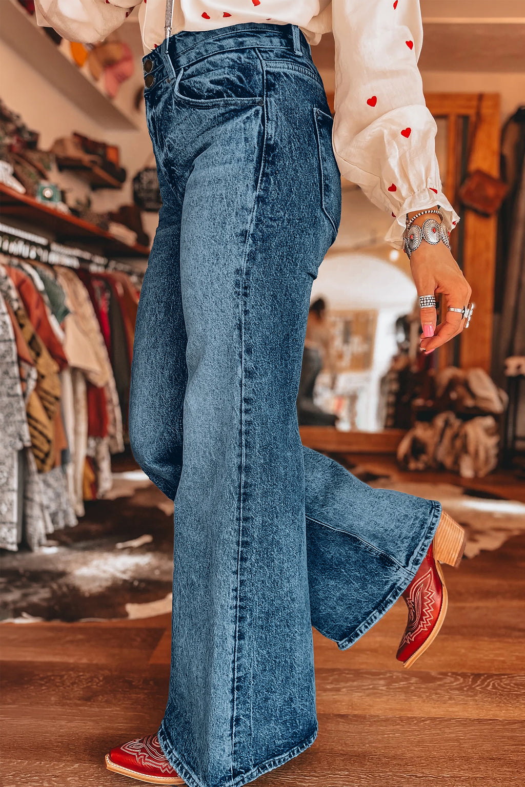 Beau Blue Acid Wash Pocket Detail Flare Jeans