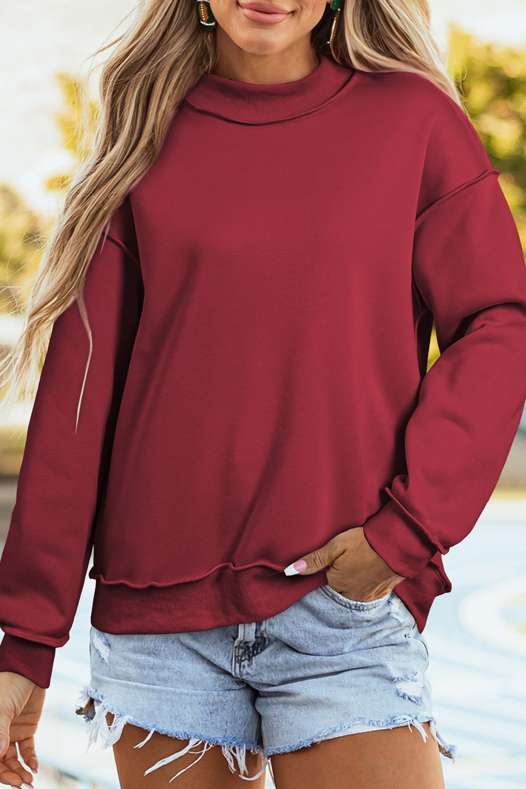 Bright Green Oversize Drop Shoulder Reversible Mock Neck Sweatshirt