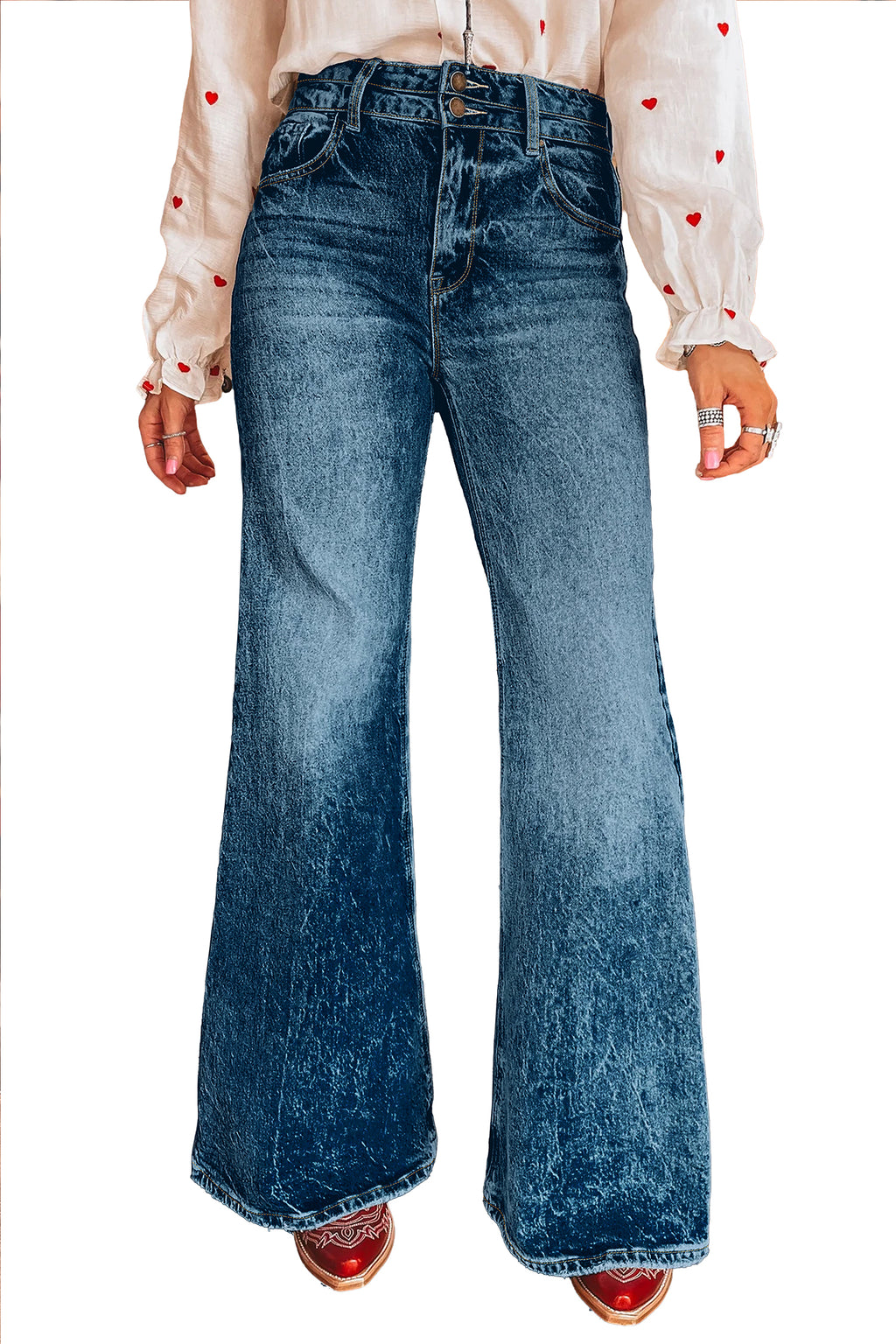 Beau Blue Acid Wash Pocket Detail Flare Jeans